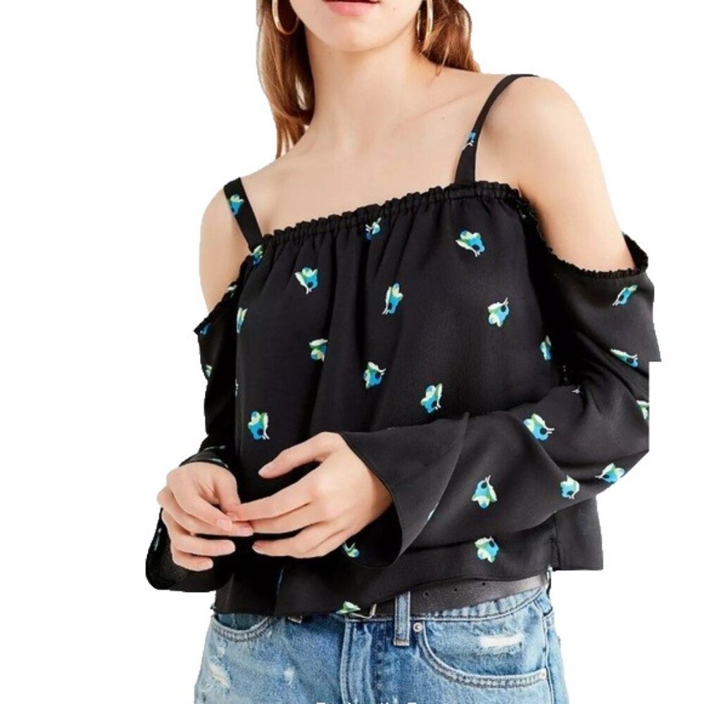 Urban Outfitters woman's Valley Cold Shoulder Crop Ruffle Top Black w Bird's L